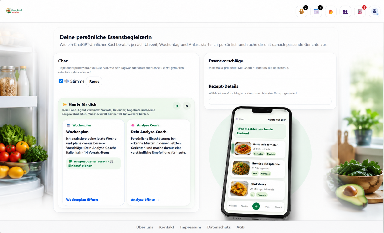 SmartFoodAdvisor echte App-Vorschau mit Food-Bereich